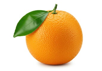 Single orange with leaf isolated on white background, showcasing its vibrant color