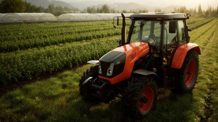 Obraz premium A stunning image of photorealistic cinematic mid close shot of a modern next-generation orange tractor parked in a lush green farmland, the tractor appears completely dry, clean.