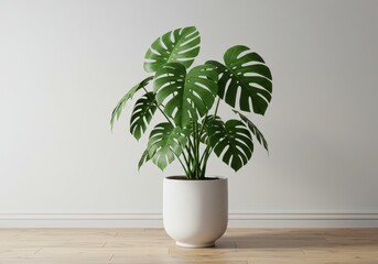 Obraz premium Monstera plant in white pot on wood floor against white wall