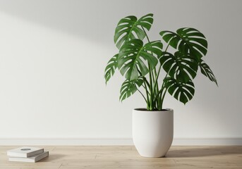 Monstera plant in white pot with books on wooden floor against white wall