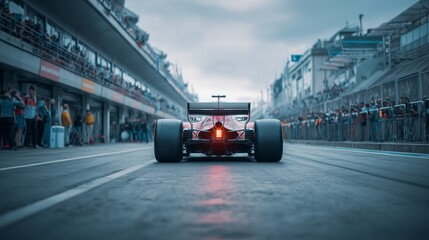 Formula 1 Car in Pit Lane Surrounded by Crew and Spectators on a Cloudy Race Day with Glowing Rear Light and High-Performance Design