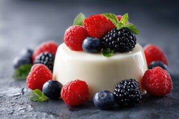 Delicious dessert topped with fresh berries.