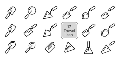 Seventeen Trowel Icons Construction, Masonry, Tools, Shapes, Line Art
