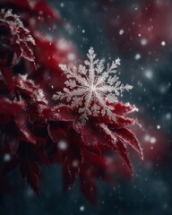 A single snowflake rests delicately on deep red leaves as snow falls softly in a dreamy winter scene.