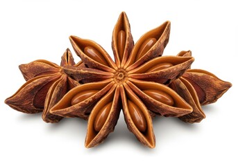 Close-up of star anise pods on white background showing the spice's unique shape