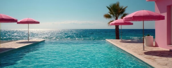 Fototapeta premium Pink summer vacation under parasol with swimming pool view concept. Relaxing poolside retreat with vibrant umbrellas and ocean views.