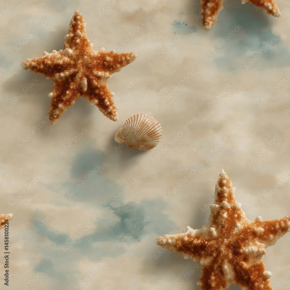 Poster starfish and a seashell rest on sandy beach with soft blue shadows, creating a calm coastal atmosphe