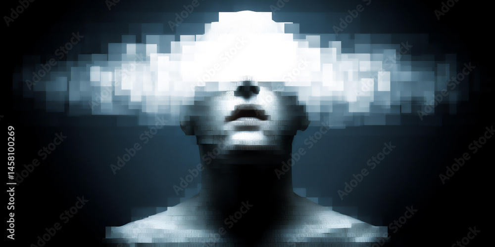 Poster a facial recognition interface with pixelation effects over the facial features, symbolizing anonymi