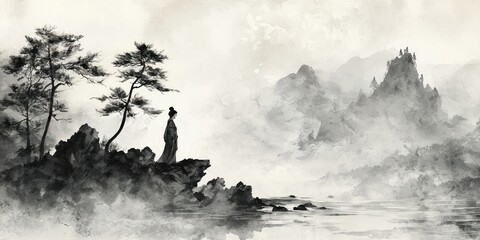 Ink-and-wash brush painting of Venus standing on a shore, misty waves and sparse pine trees