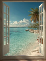 A bright tropical beach with turquoise water and palm trees, viewed through open white-framed windows under a clear blue sky.