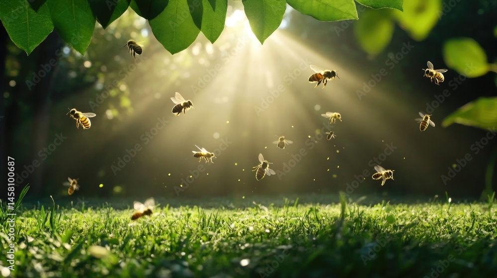 Poster Sunlight filtering through bees in motion above grass and leaves