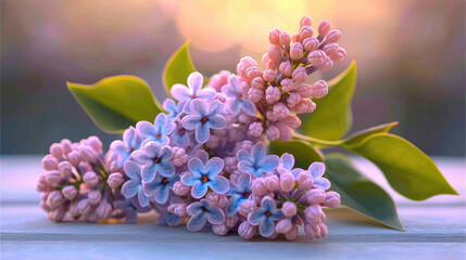 Lilac flower spring bloom soft pastel green leaf closeup delicate petal nature sunlight romantic vibrant color. Lilac flowers full bloom with green leaves soft pastel colors and sunlight create