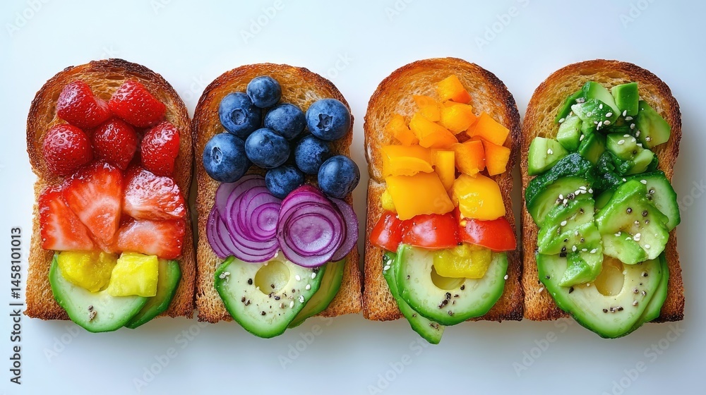 Poster Toast slices topped with mashed avocado and a rainbow of fresh, healthy toppings