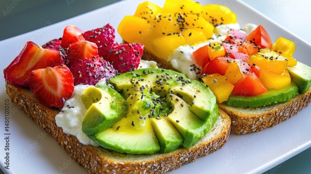 Poster Toast slices topped with mashed avocado and a rainbow of fresh, healthy toppings