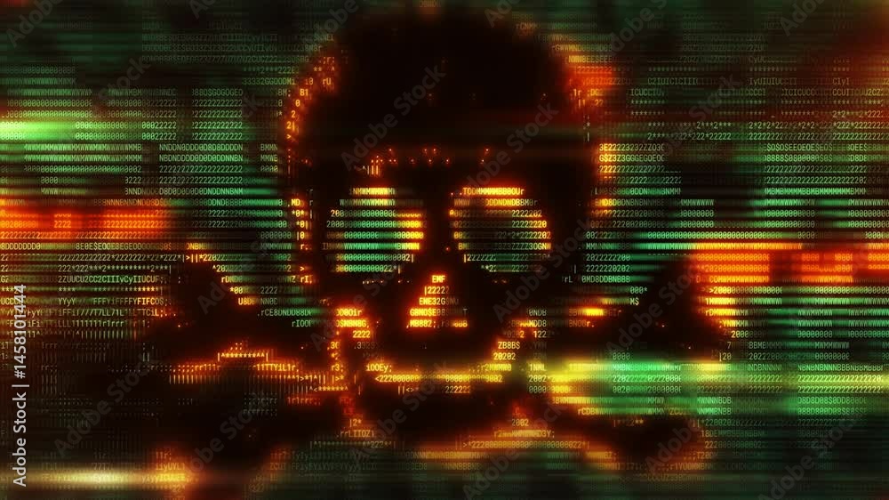 Poster orange and green binary code forming a skull shape, representing cyber crime