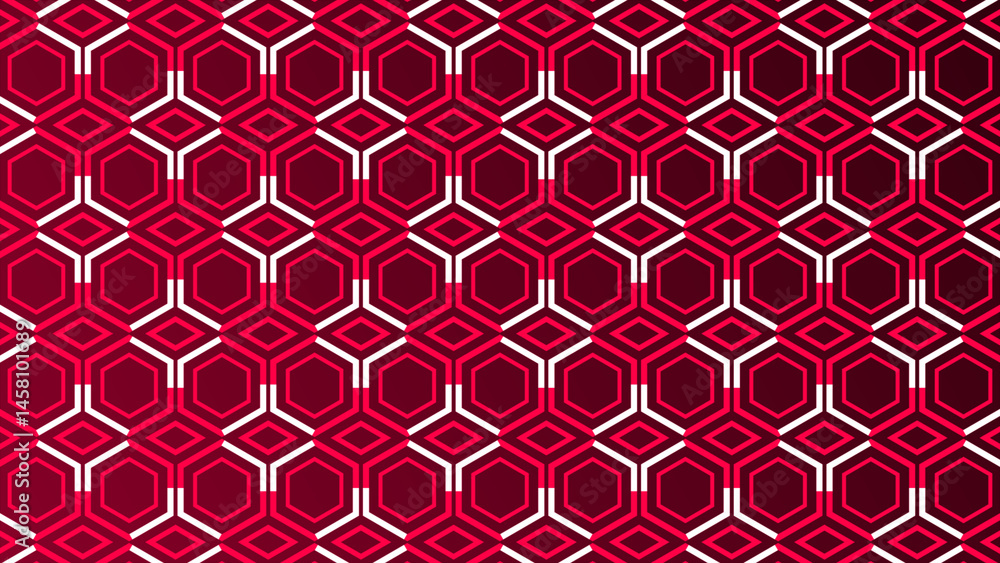 Poster magenta red lines moving over hexagonal pattern white color background