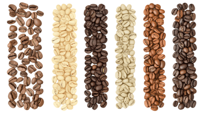 Coffee Bean Assortment: Shades of Brown and Beige on Transparent Background, PNG