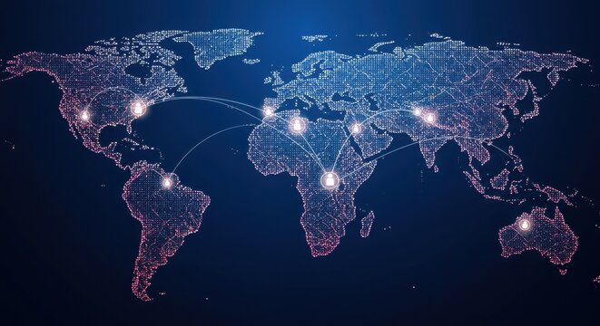 Interconnected glowing dots forming a world map representing global business alliances and strategic partnerships