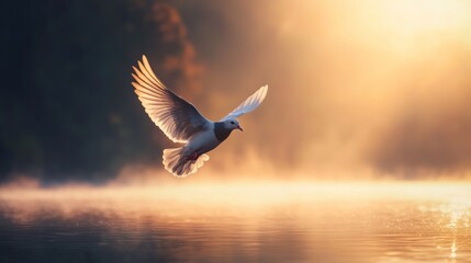 Fototapeta premium Bird soaring gracefully above tranquil water during sunrise in a serene landscape