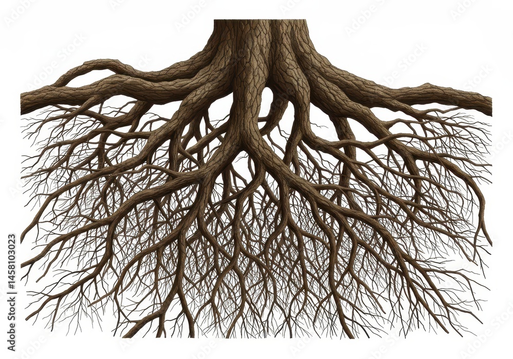 Poster exposed tree roots create an intricate network against a white background