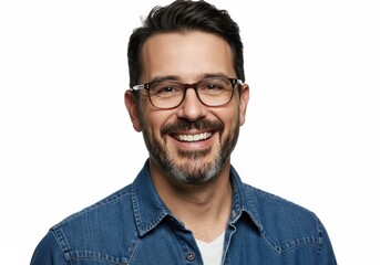 Obraz premium Smiling man with glasses and denim shirt against a white background portrait
