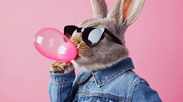 Trendy rabbit blowing bubblegum with sunglasses and denim jacket on pink background
