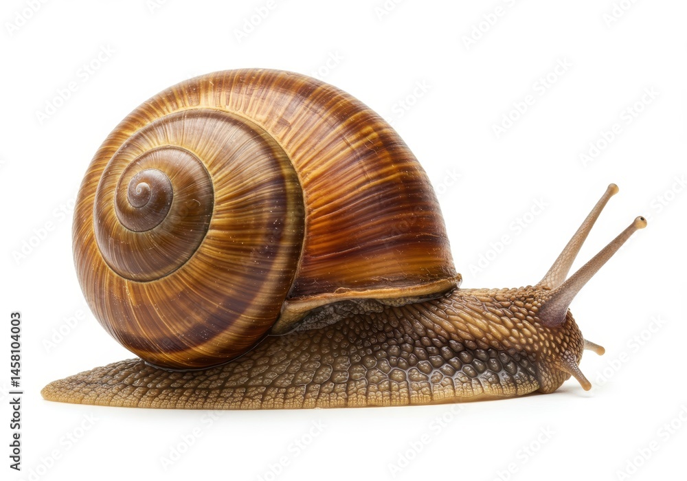 Poster snail with brown shell crawling on white background in studio shot