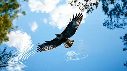Obraz premium Majestic hawk soaring over tranquil water reflecting a clear blue sky with gentle ripples