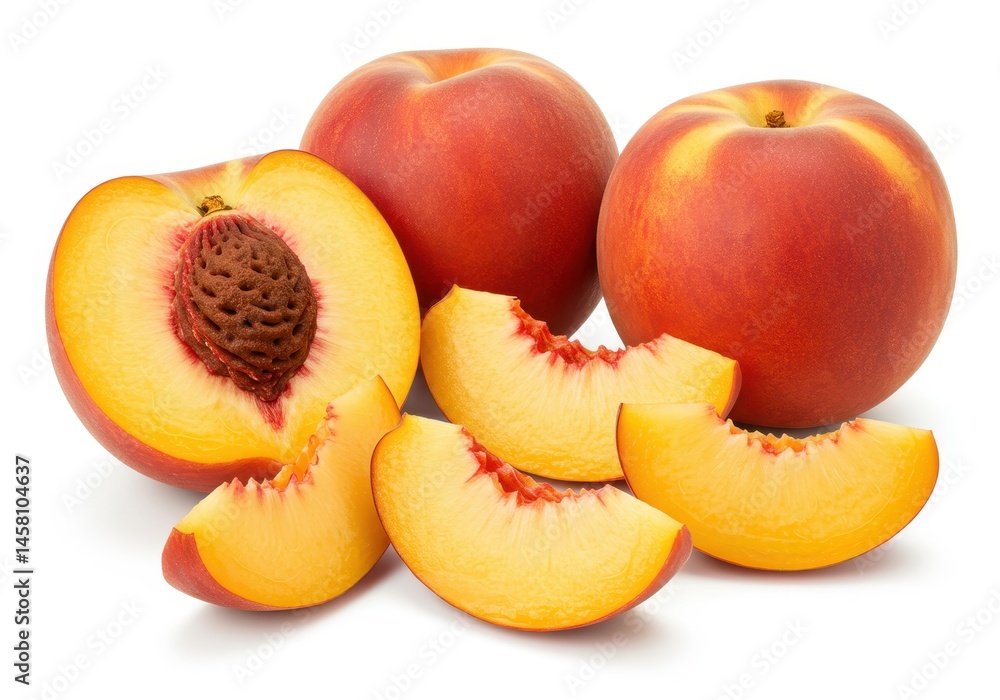 Poster fresh peaches with slices and a half peach showing the pit on a white background