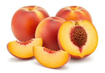 Fresh peaches, sliced and whole, displaying vibrant colors and textures
