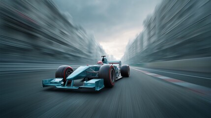 Formula 1 Car Racing Through Urban Street Circuit with Motion Blur and Intense Speed Under Dramatic Sky in High-Performance Action Scene
