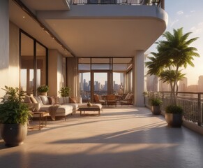 Luxurious high-rise condo, evening sun illuminates elegant interior and expansive balcony,  high-rise,  interior design,  window