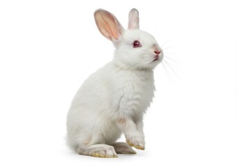 White rabbit sitting upright looking up on a white background