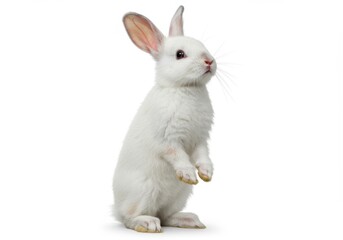Obraz premium Standing white rabbit looking up on white background