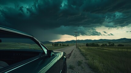 Dark storm clouds gather over a rural road during twilight as a car awaits along the way to scenic mountains