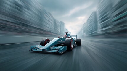 Formula 1 Car Racing Through Urban Street Circuit at High Speed with Motion Blur and Aerodynamic Design Under Dramatic Cloudy Sky