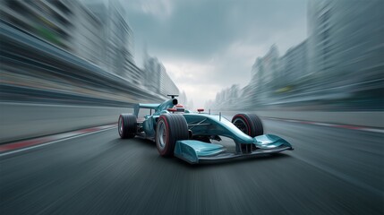 Formula 1 Car Racing Through Urban Street Circuit at High Speed with Motion Blur and Aerodynamic Design Under Dramatic Cloudy Sky