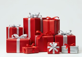 Group of red gift boxes with silver and red ribbons on a white background