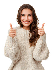 Smiling woman in sweater giving thumbs up