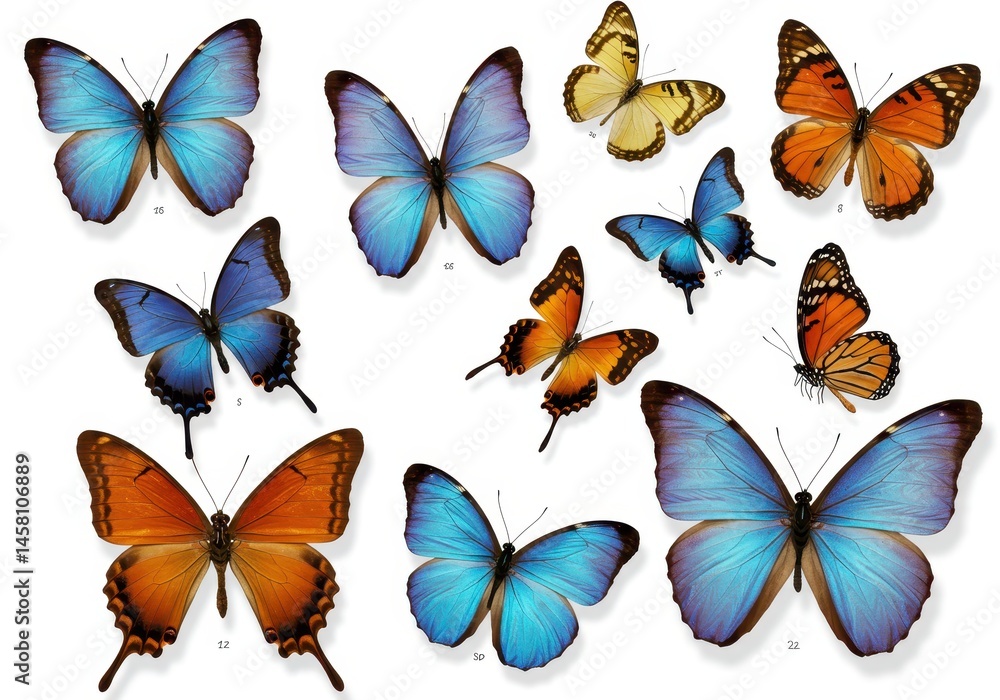 Poster collection of colorful butterflies with different patterns on a white background