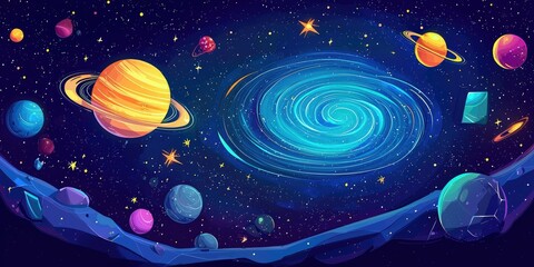 Outer space cartoon with spiral galaxy moving in slow rotation