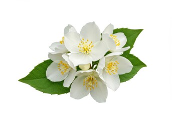 Obraz premium Close up of several white jasmine flowers with green leaves on a white background