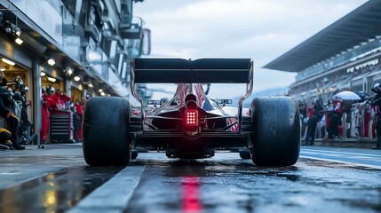 Formula 1 Car in Pit Lane with Rain Reflections and Team Crew on Race Day, Capturing Wet Asphalt, Rear View, and Competitive Atmosphere
