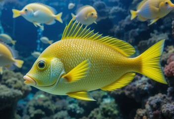 Vibrant yellow tropical fish in a coral reef with clear water and exotic marine life.
