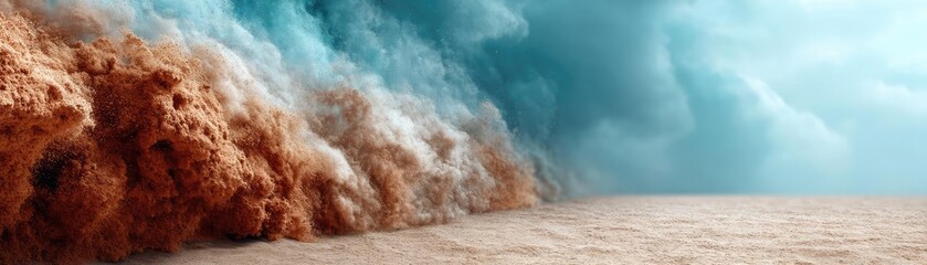 Panorama sand storm with majestic wave of dust and wind concept. A sweeping view of turbulent sand clouds and blue sky.