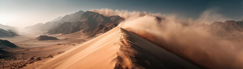 Fototapeta premium Panorama sand storm with majestic wave of dust and wind concept. Stunning desert landscape showcasing wind-swept sand dunes.