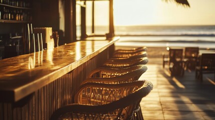 Sunset view from a beachside bar with wooden counter and wicker chairs overlooking the ocean