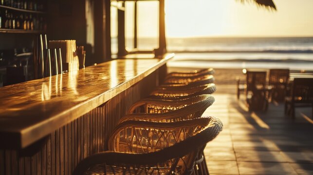 Sunset view from a beachside bar with wooden counter and wicker chairs overlooking the ocean