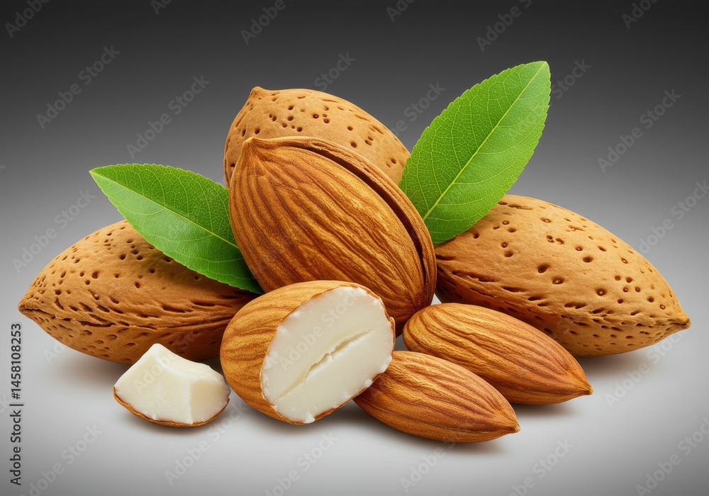 Poster close-up of almonds with shells and leaves on a gray background