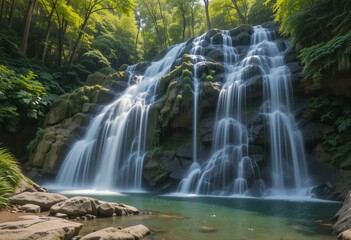 Fototapeta premium Majestic waterfall in a lush forest with cascading water, tranquil pool, and vibrant nature. 